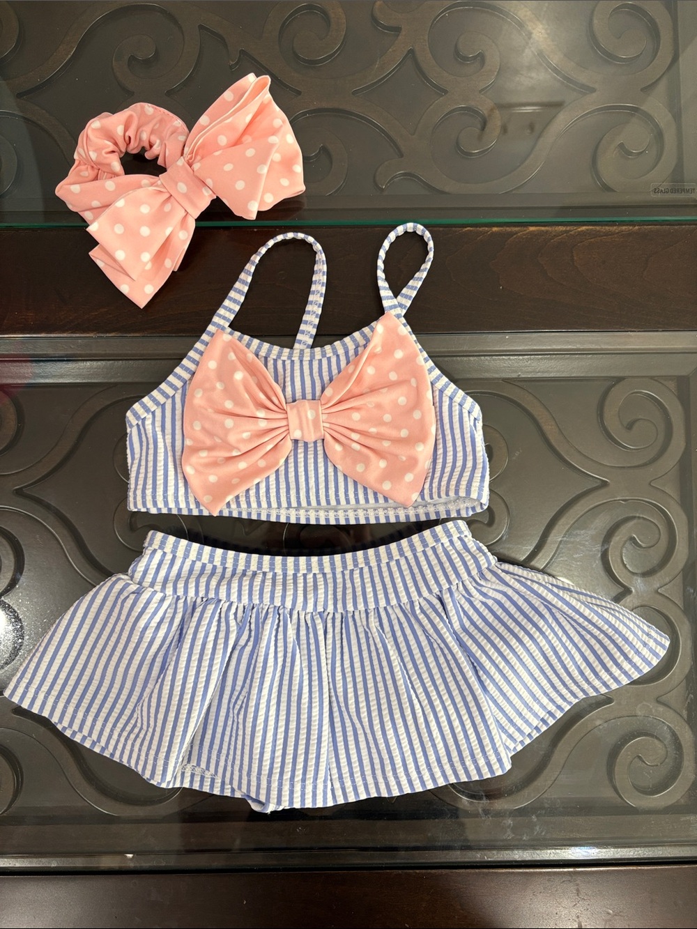 12-18M Ruffle Butts Bow Skirt Bikini in Periwinkle Blue Seersucker &matching Bow